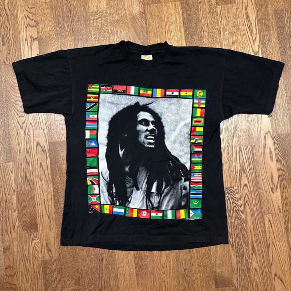 Vintage 90s Bob Marley African Country Flags Single Stitch T Shirt Mens Large - Picture 1 of 9